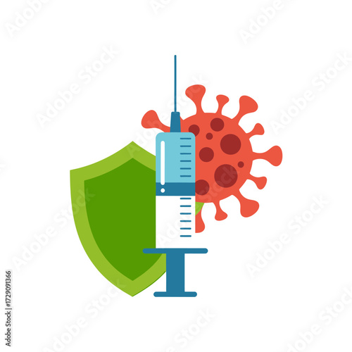 Vaccination against Covid 19 with syringe shield and virus illustration promoting health and safety in medical field