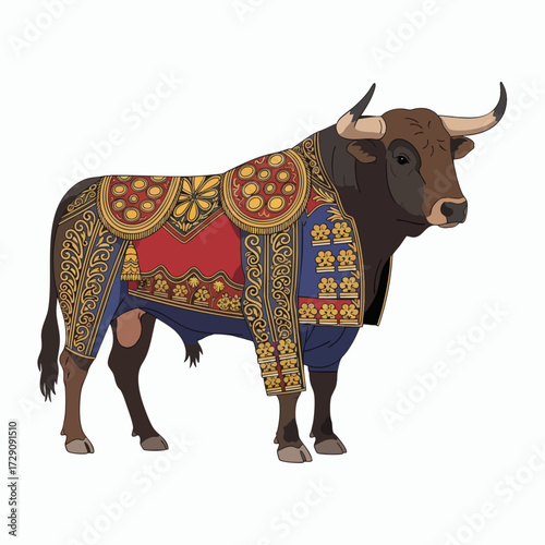 Spanish Fighting Bull in Traditional Attire.