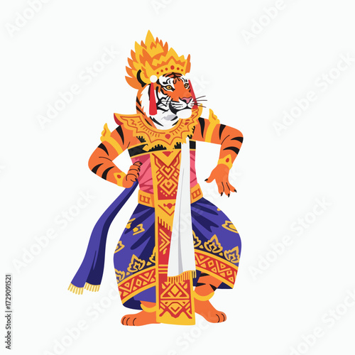 Tiger in Traditional Thai Dance Costume Illustration.