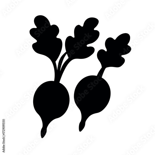 Simple black silhouette of two radishes with greens on a white background