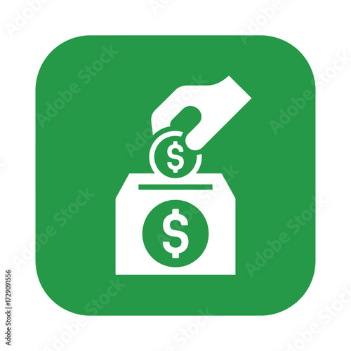 Donation Concept Illustration Hand Placing Coin in Box for Charity and Support Fundraising with Dollar Symbol on Green Background
