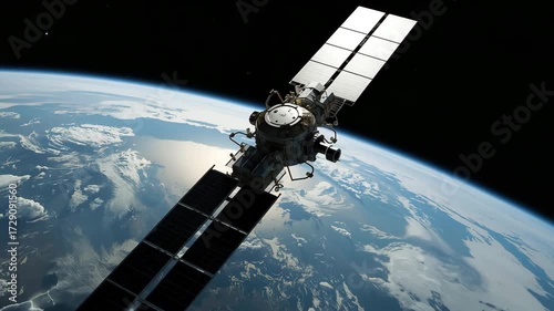 Satelite space station in orbit above planet Earth, space science