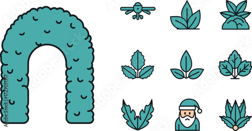 Vector art of collection of stylized green plant icons including a large arch, santa claus, and various leaf shapes, isolated on a
