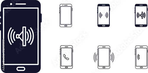 Vector art of collection of icons representing sound and notification settings on a smartphone, including volume levels, call alerts, and vibration modes