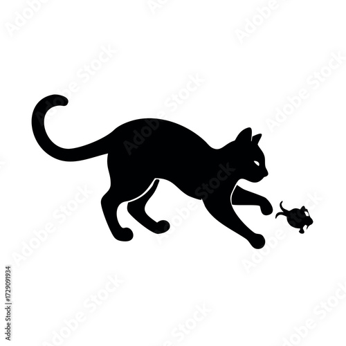 Silhouette of a black cat playfully stalking a small mouse against a white background