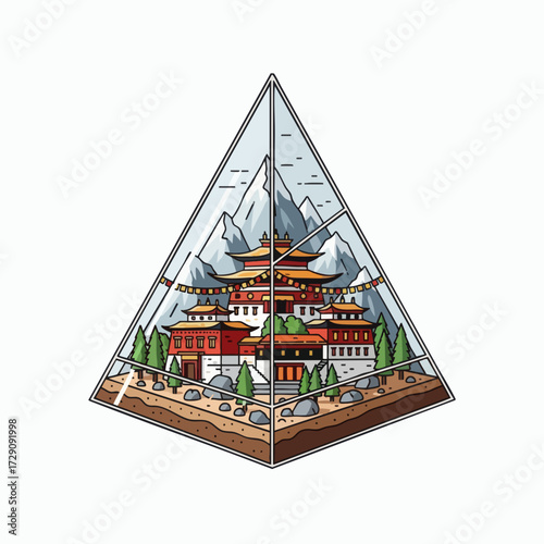 Ancient Buddhist Temple in a Glass Pyramid Terrarium with Mountains.