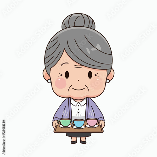 Cute Cartoon Grandma Serving Tea.