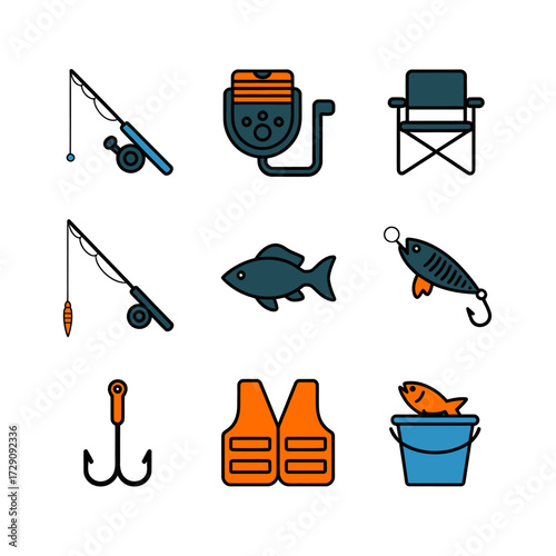 Fishing equipment and accessories icons for recreational outdoor fishing adventures and angling sport showing rods tackles bait and gear