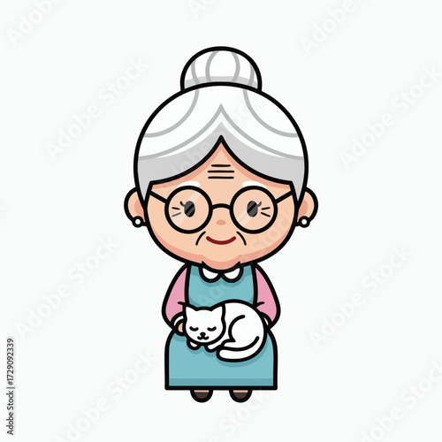 Cute Cartoon Grandma with Cat.