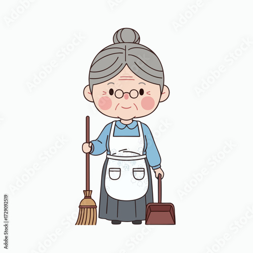 Cute Cartoon Grandma with Broom and Dustpan Ready for Cleaning.
