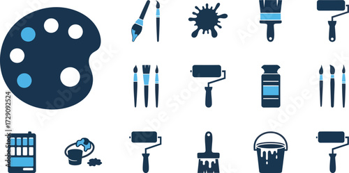 Vector art of collection of artistic tools and supplies, including paint palettes, brushes, rollers, paint splatters, and paint cans, isolated on a