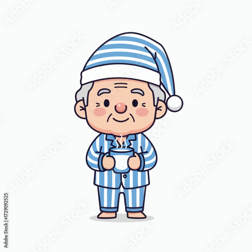 Cute Cartoon Grandpa in Pajamas Holding a Hot Drink.