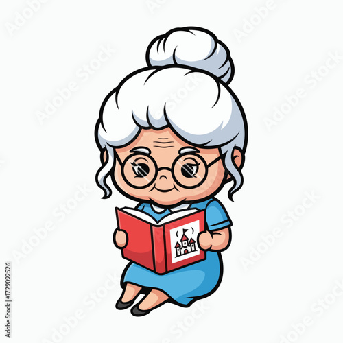 Cute Cartoon Granny Reading a Book.