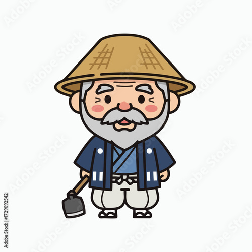 Cute Cartoon Japanese Farmer with Hoe and Straw Hat.