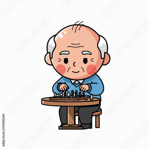 Cute cartoon old man playing chess focused and strategic enjoying a game of skill and intellect.