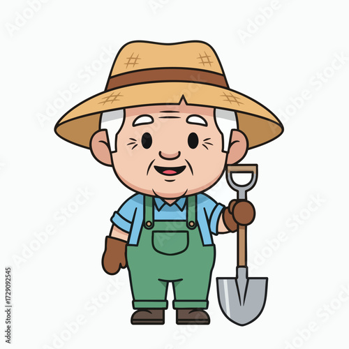 Cute Cartoon Old Man Farmer with Shovel.
