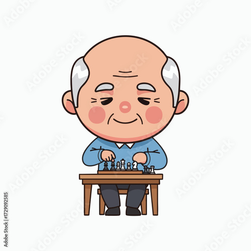 Cute Cartoon Old Man Playing Chess.