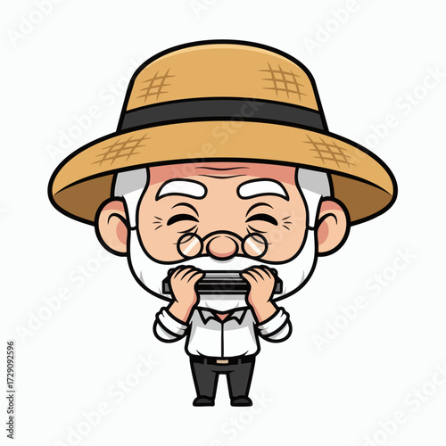 Cute Cartoon Old Man Playing Harmonica.