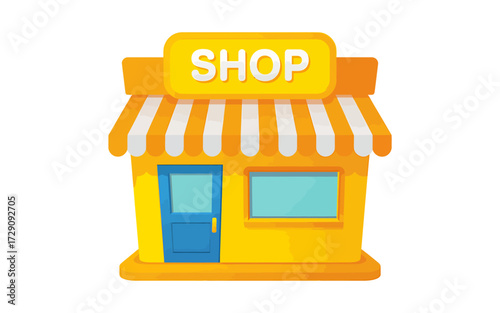 Cartoon shop building with striped awning and blue door isolated on white background