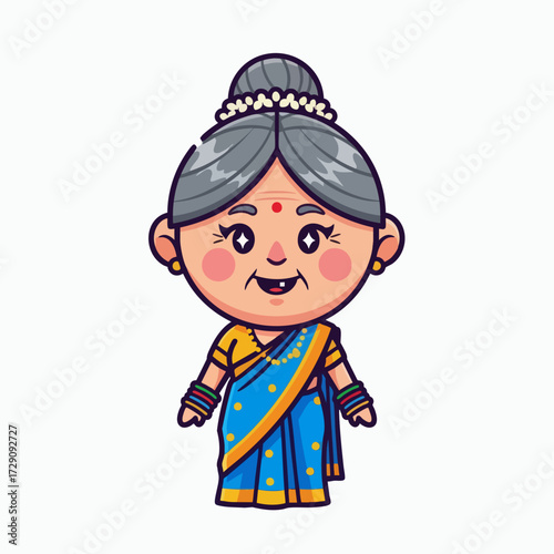 Cute Indian Grandmother Character in Traditional Saree.