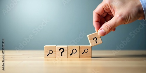 Problem-solving and inquiry concept. Hand placing wooden block with question mark and magnifying glass search icon.