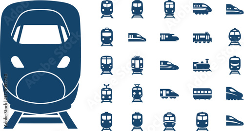 Vector art of collection of various train icons and a large front view of a modern train