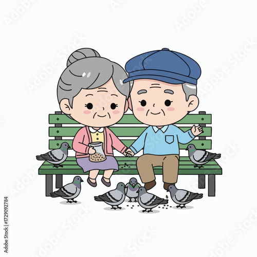 Elderly Couple Feeding Pigeons on a Park Bench.