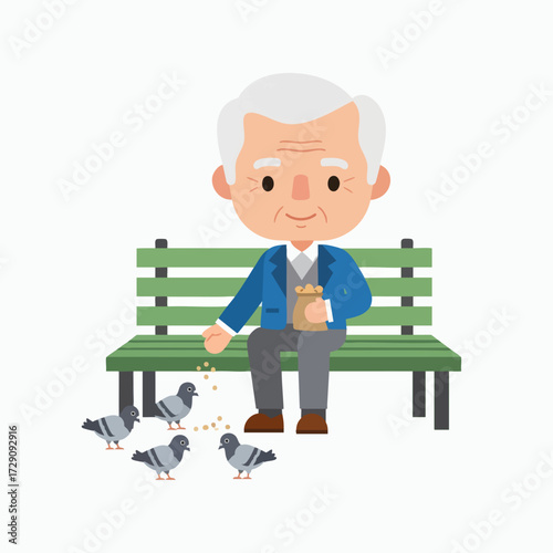 Elderly Man Feeding Pigeons on a Park Bench.
