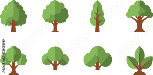 Vector art of collection of eight different stylized green trees, , representing various tree designs and icons