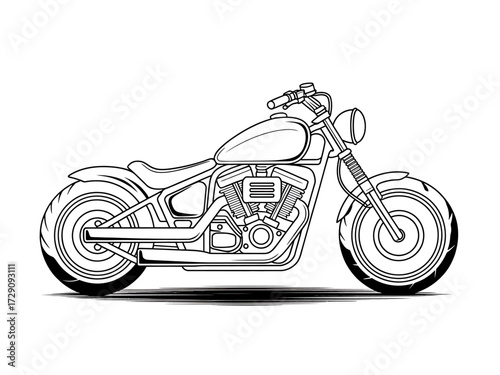 Classic Motorcycle Line Art Illustration Black and White Detailed Design of a Cruiser Style Bike Perfect for Coloring Books and Creative Projects