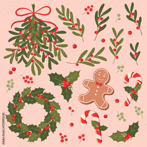Set of Christmas elements with holly berry wreath, candy cane, mistletoe branches with red berries, gingerbread man. 