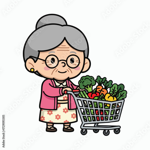Elderly Woman Shopping for Groceries with a Full Cart.