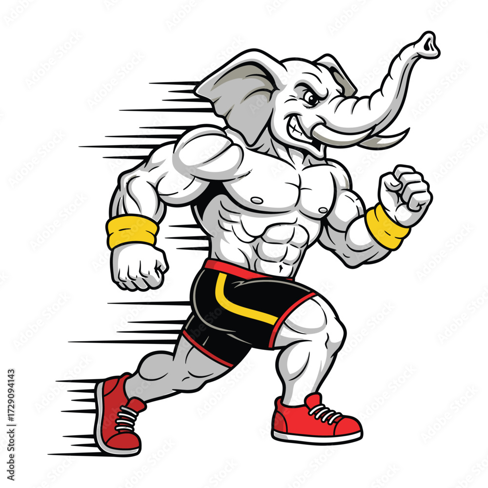 Fototapeta premium Muscular cartoon elephant running with red sneakers
