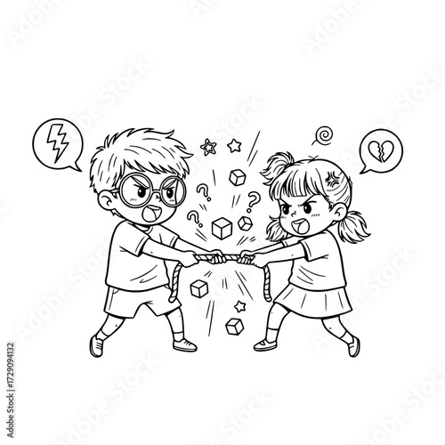 Children kids fighting over object argument outline illustration