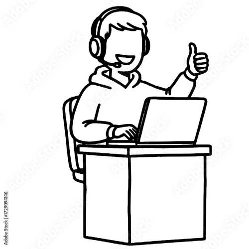 Faceless man wearing headset working on laptop outline illustration