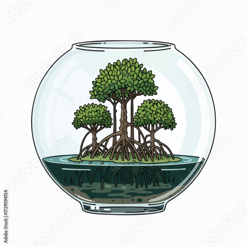 Mangrove trees growing in a glass bowl terrarium.
