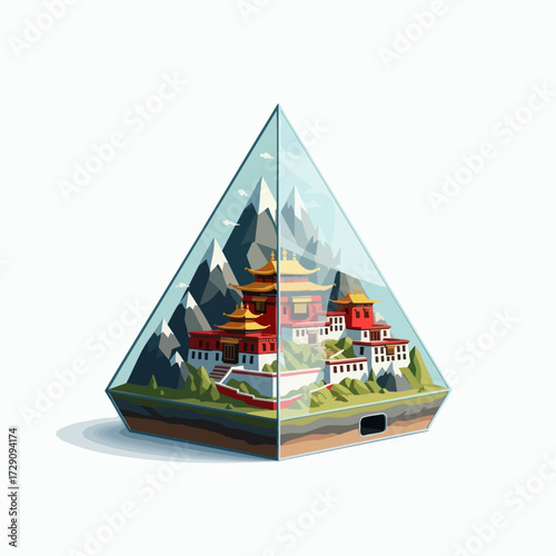 Miniature Himalayan Monastery Landscape in Glass Pyramid.