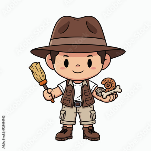 Cute Cartoon Archaeologist with Tools and Fossils.