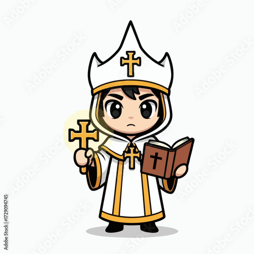 Cute Cartoon Bishop Holding Cross and Bible.