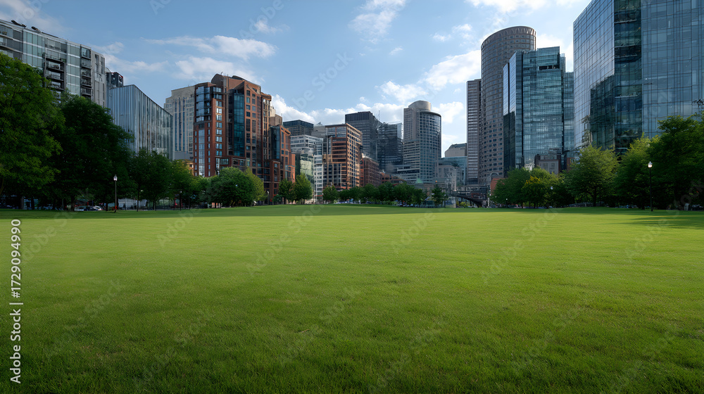 Obraz premium Expansive Green Park Lawn with a City Skyline of Modern Skyscrapers and Trees Under Blue Sky