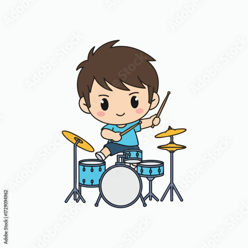 Cute Cartoon Boy Playing Drums with Enthusiasm.