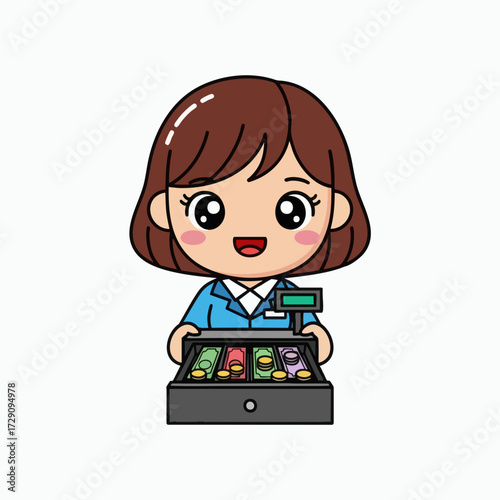 Cute Cartoon Cashier Girl with Cash Register.