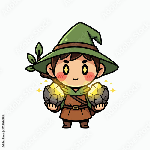 Cute Cartoon Character Holding Glowing Rocks.