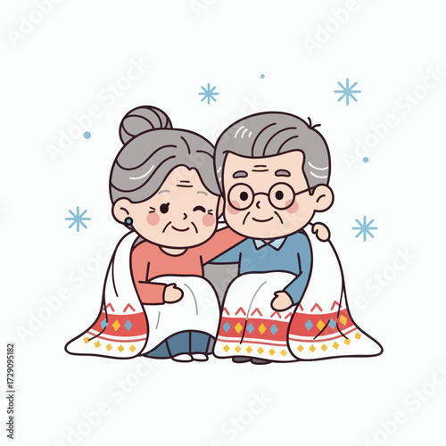 Cute Cartoon Elderly Couple Under Blanket in Winter.