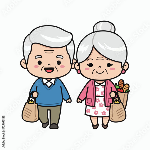 Cute cartoon elderly couple with shopping bags after grocery shopping.