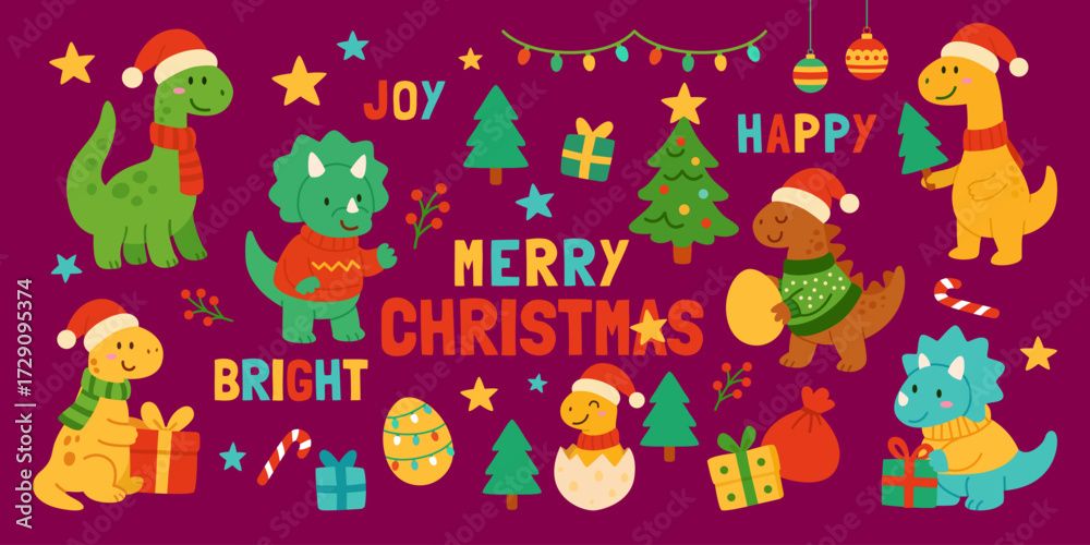 Fototapeta premium Christmas dinosaurs in Santa hats with gift boxes and festive trees. Cute holiday scene with prehistoric characters celebrating winter season in joyful style for seasonal family design projects
