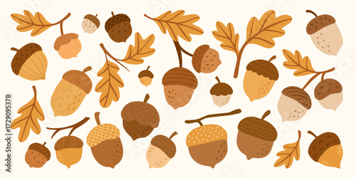 Autumn oak acorns and leaves illustration with warm brown and gold tones. Cozy harvest scene with acorns seeds and oak foliage in a peaceful natural setting