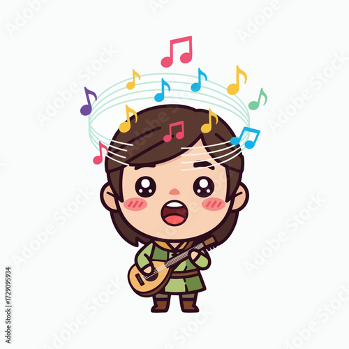 Cute Chibi Boy Singing and Playing Guitar with Musical Notes.