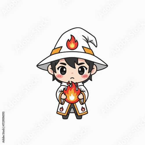 Cute Chibi Wizard with Fire Magic.