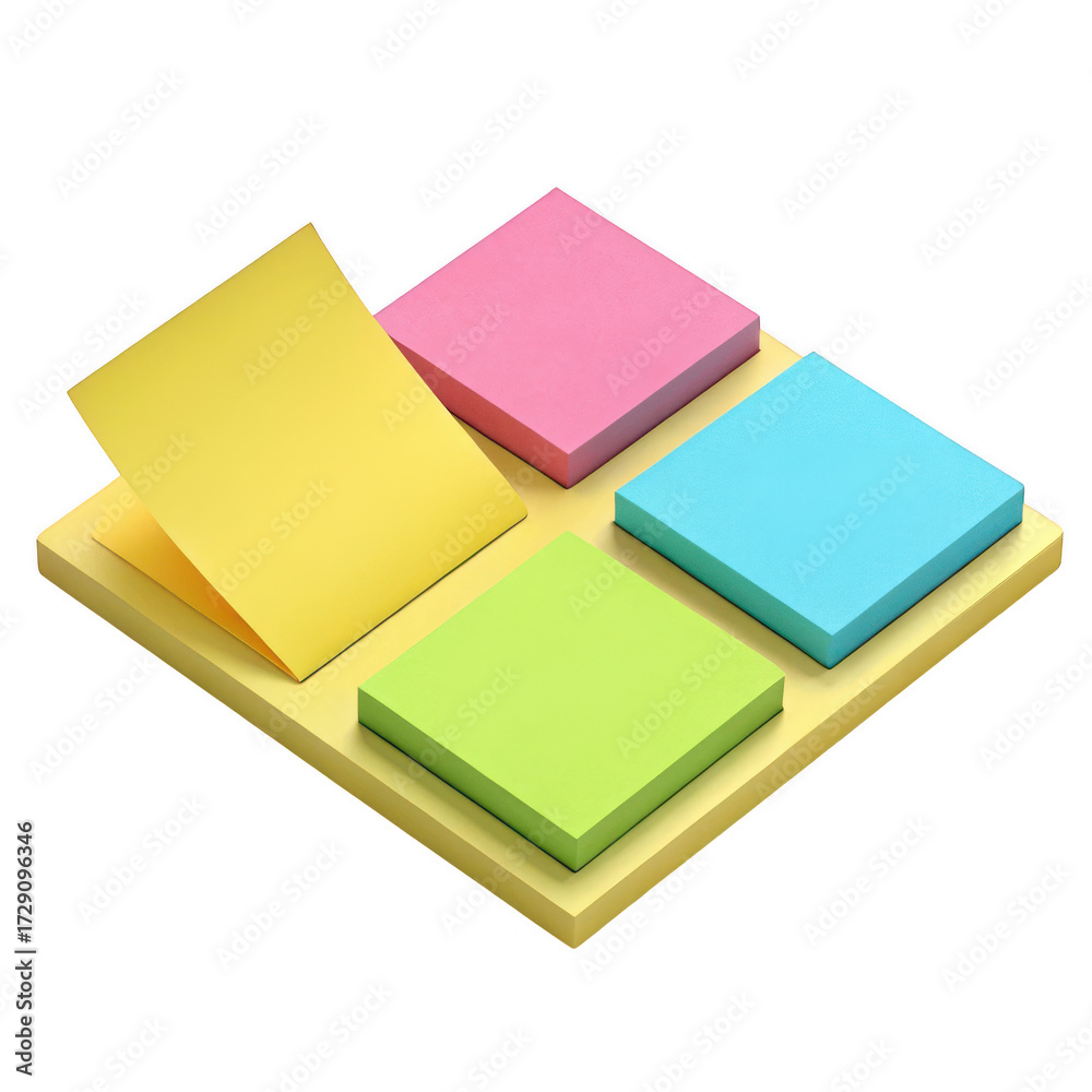 Fototapeta premium Stack of colorful square sticky notes in yellow pink green and blue isolated on transparent background